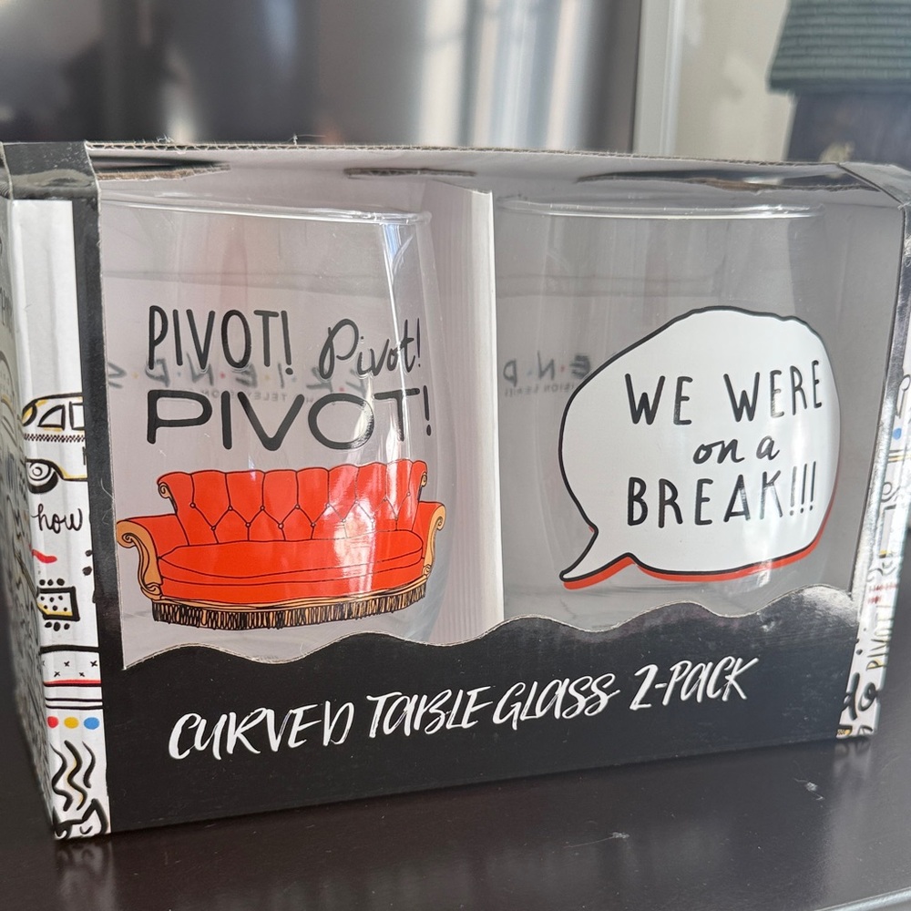New in box. Friends tv show Curved Table Glass wine 2-Pack with Fun Quotes